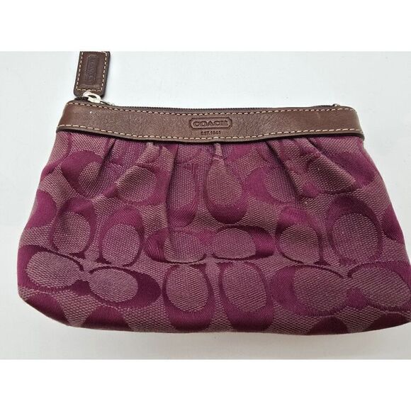 Coach Purple Fabric Wristlet Clutch With Brown Leather Trim & Zip Closure - Picture 1 of 6